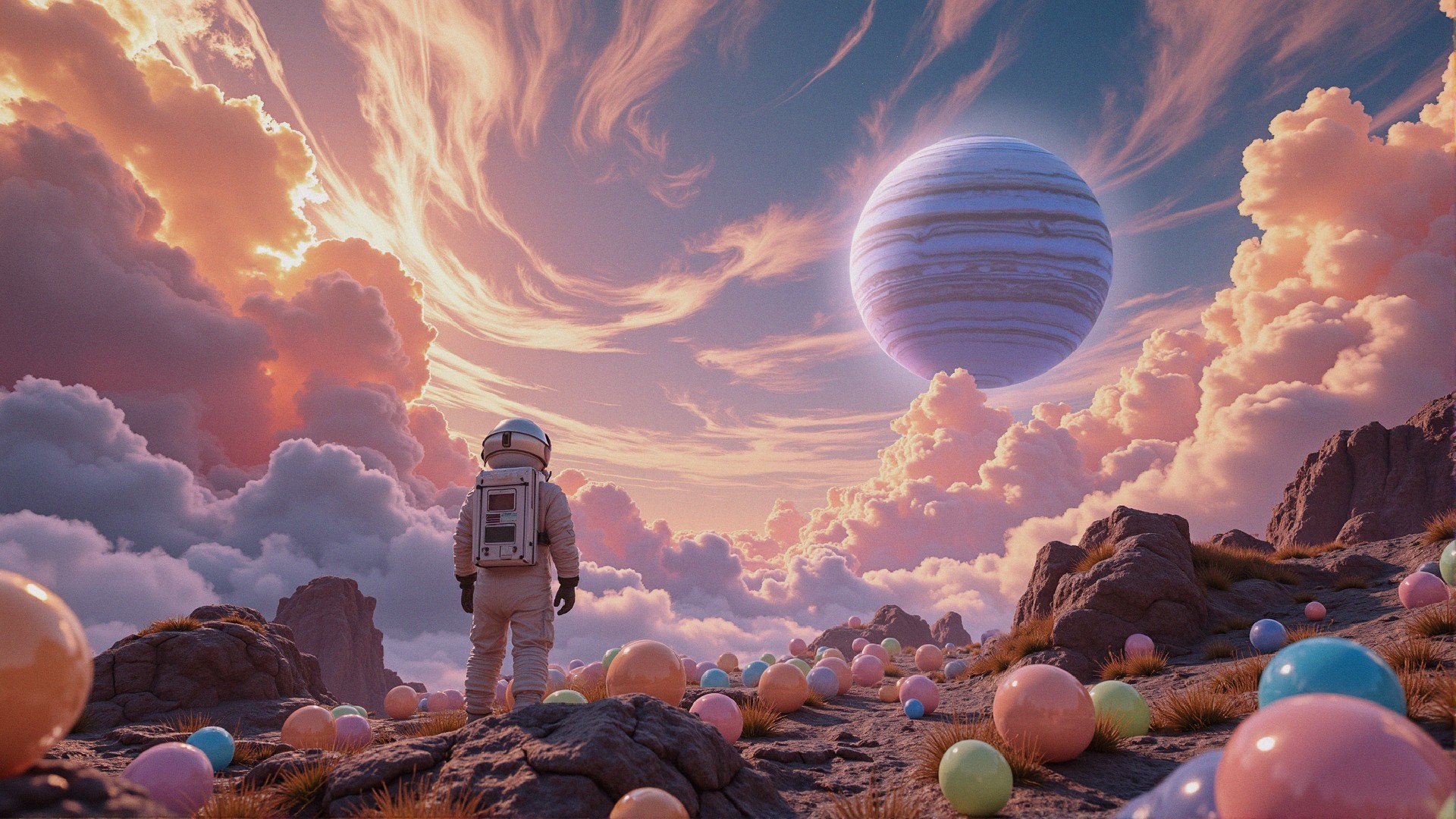 Astronaut on Rocky Terrain with Colorful Spheres and Planet