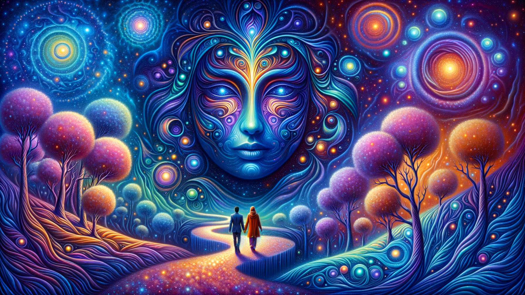 Surreal Landscape with Cosmic Elements and Figures