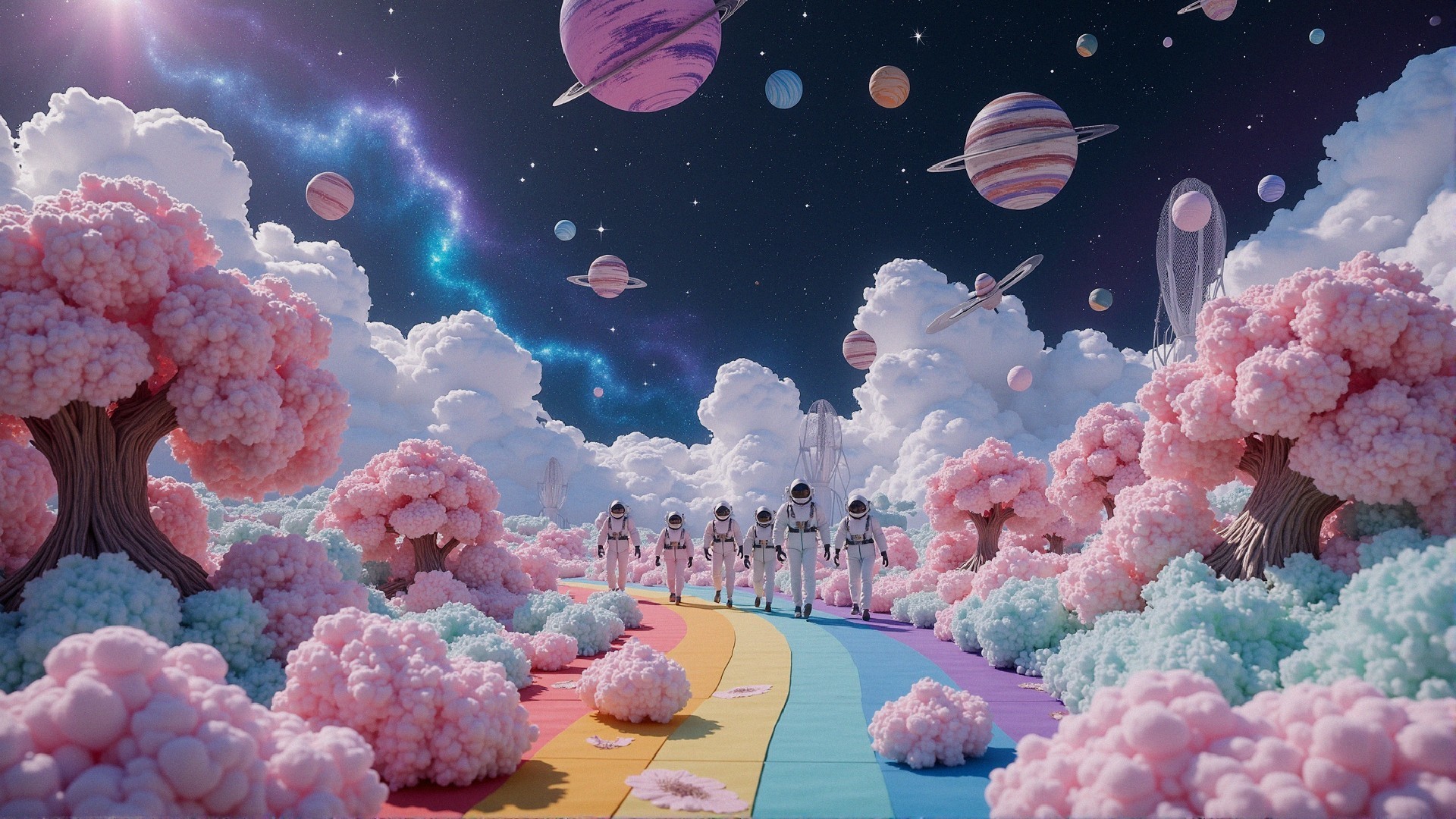 Astronauts in a Colorful Whimsical Landscape