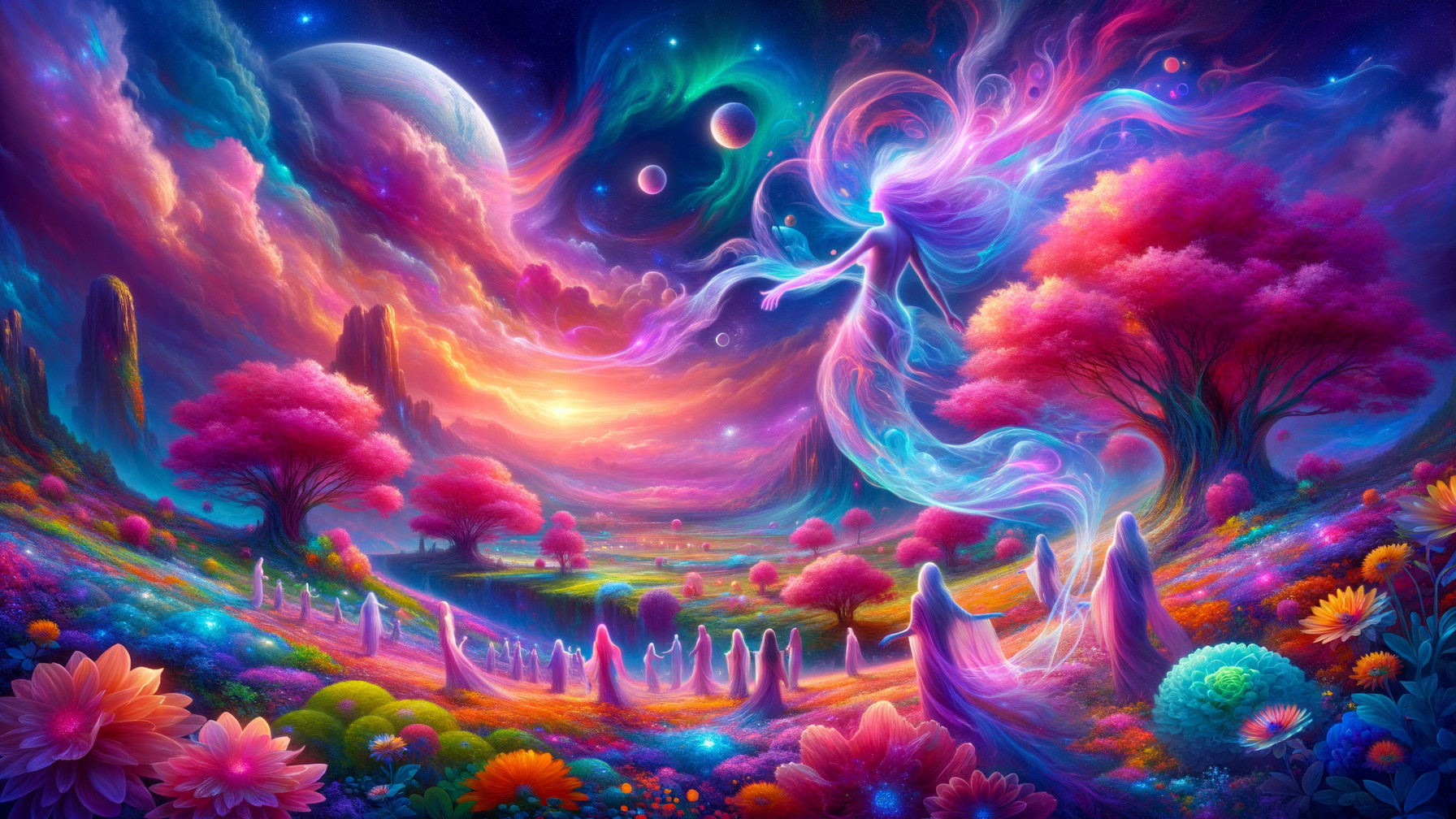 Vibrant Dreamlike Landscape with Ethereal Elements