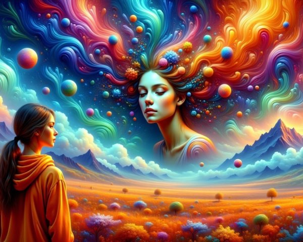 Surreal Landscape with Woman and Ethereal Figure