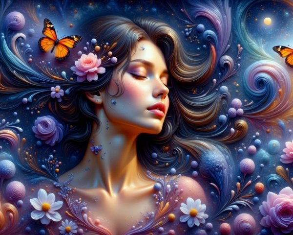 Serene Woman with Flowers in a Cosmic Background