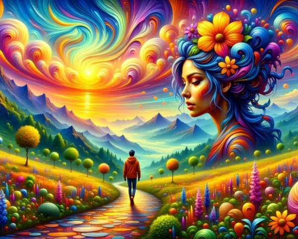 Surreal Colorful Landscape with Ethereal Woman