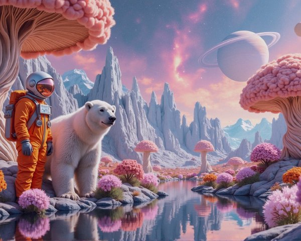 Astronaut and Polar Bear in Surreal Landscape with Mushrooms