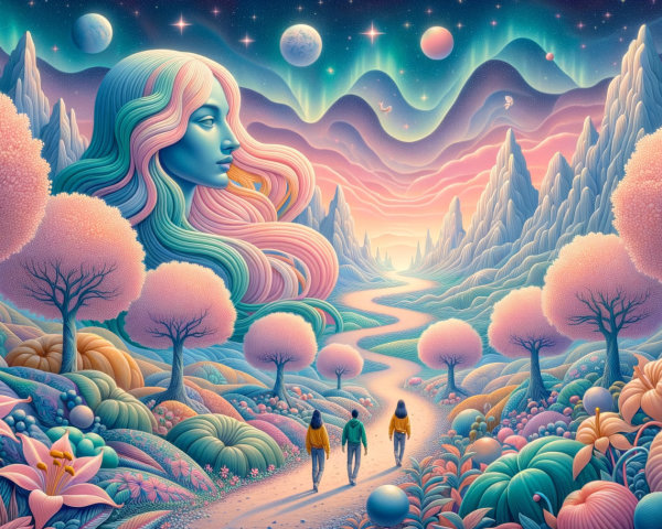 Surreal Landscape with Figures and Ethereal Woman