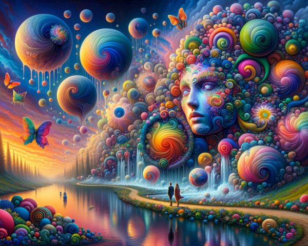Surreal Landscape with Colorful Face and Butterflies