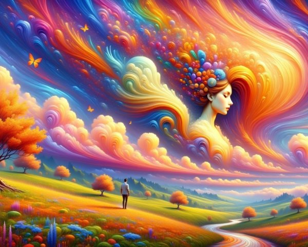Surreal Landscape with Colorful Woman and Nature Elements