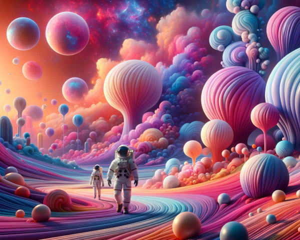 Astronauts in a Surreal, Colorful Landscape Exploration