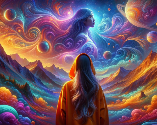 Surreal Landscape with Cosmic Elements and Mountains