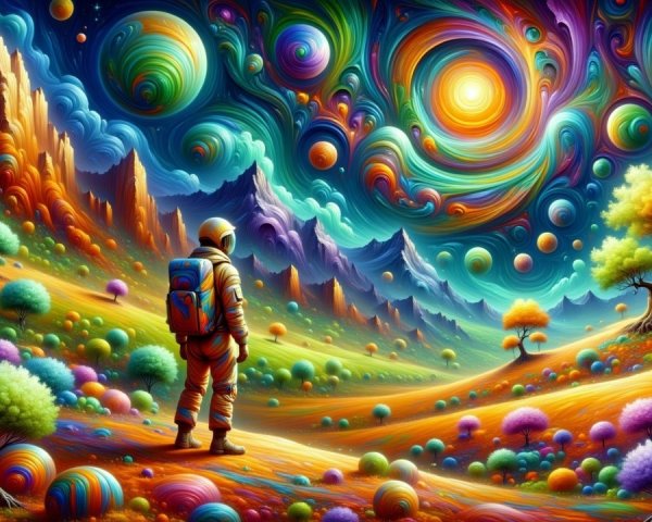 Astronaut in a surreal, colorful landscape with planets