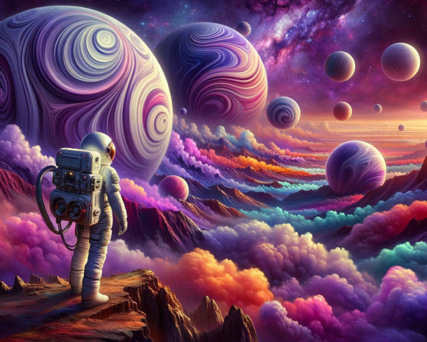 Astronaut Observing Surreal Cosmic Landscape