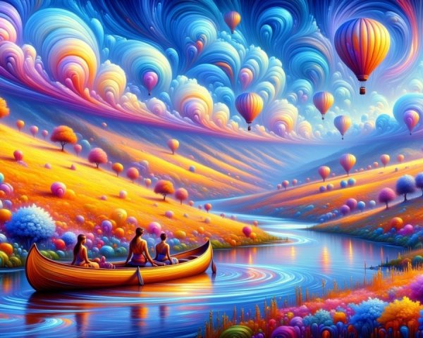 Vibrant Landscape with River, Hills, and Hot Air Balloons