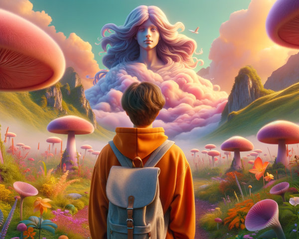 Young person in orange hoodie in vibrant landscape