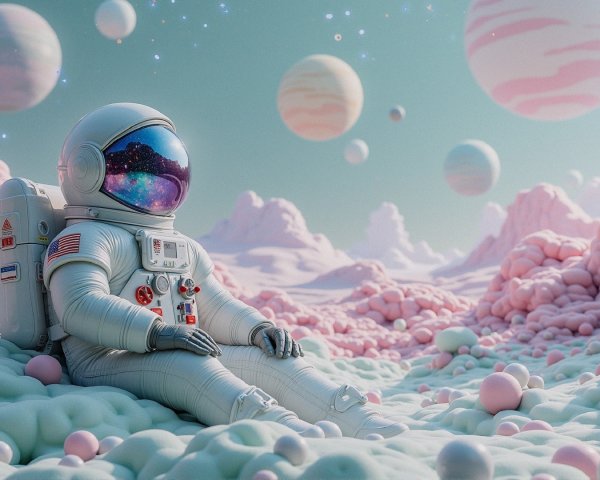 Astronaut in a Dreamlike Pastel Landscape with Planets