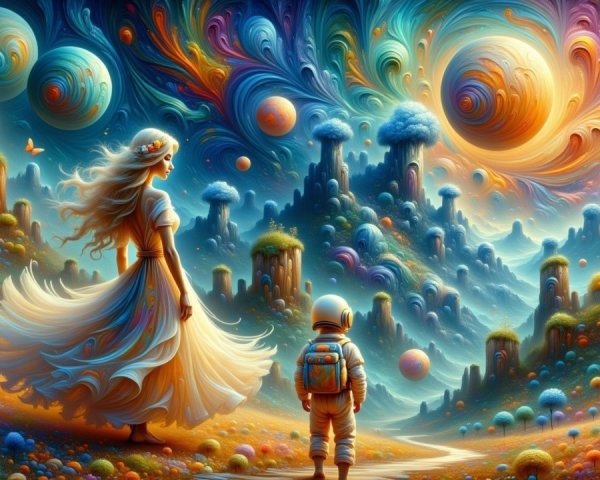 Whimsical Landscape with Children and Colorful Planets