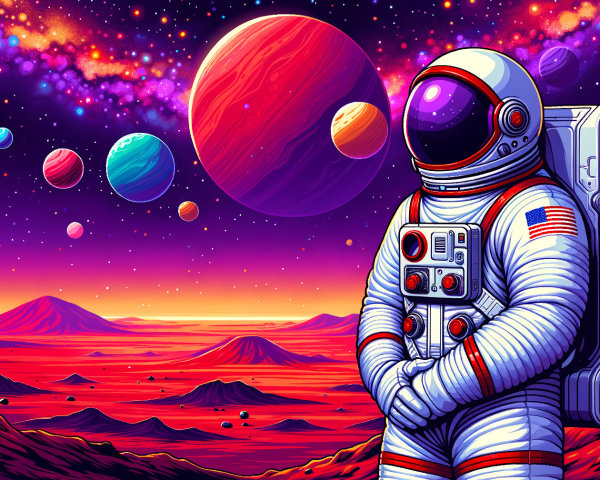 Astronaut on Red Alien Planet with Mountainous Landscape
