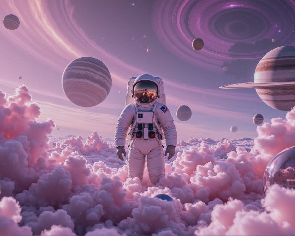 Astronaut in a Colorful Cosmic Landscape with Planets