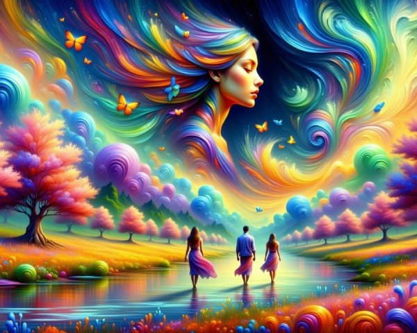 Surreal Landscape with Colorful Figures and Nature