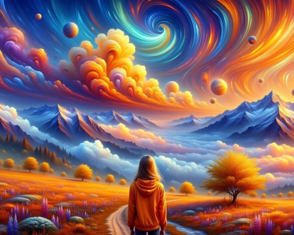 Surreal Landscape with Cosmic Sky and Majestic Mountains
