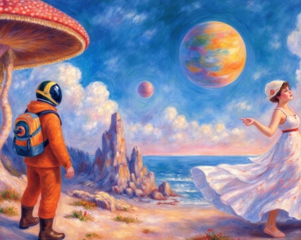 Whimsical Landscape with Mushrooms and Cosmic Elements