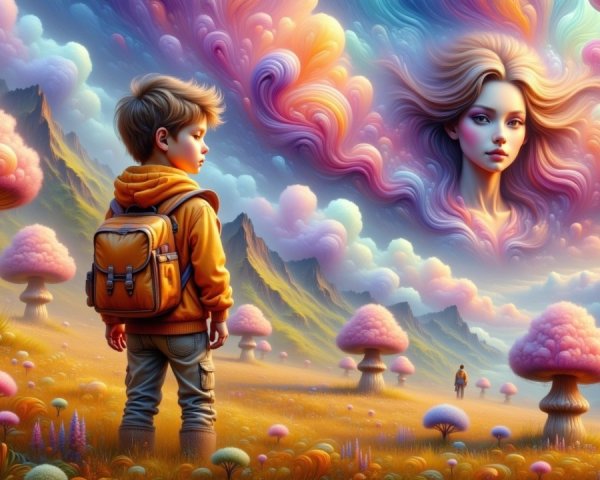 Surreal Landscape with Boy and Ethereal Cloud Face