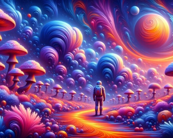 Surreal Landscape with Colorful Mushrooms and Astronaut