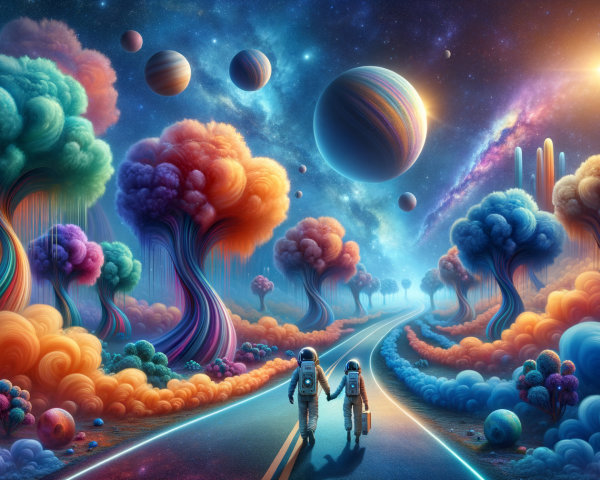 Astronauts Walking on a Vibrant Cosmic Road