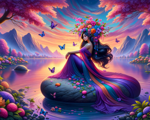 Serene Figure in Colorful Gown by Tranquil Pond