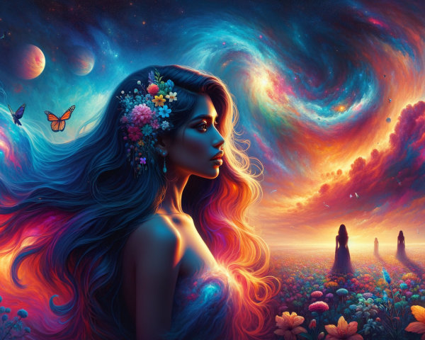 Woman with Colorful Hair in Cosmic Landscape