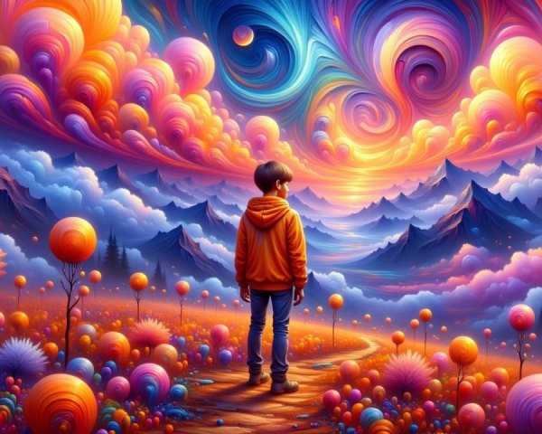 Young boy on path in colorful surreal landscape