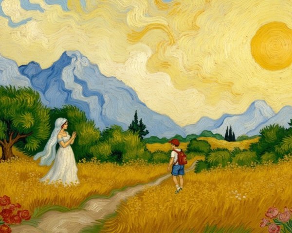 Whimsical Landscape with Boy and Serene Woman
