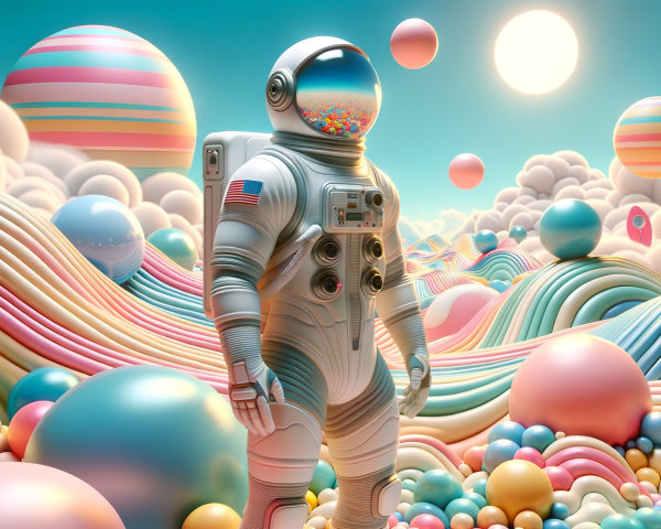 Astronaut in Surreal Landscape with Colorful Forms