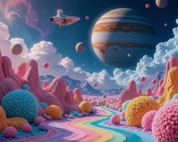 Surreal Landscape with Pastel Mountains and Hovercraft