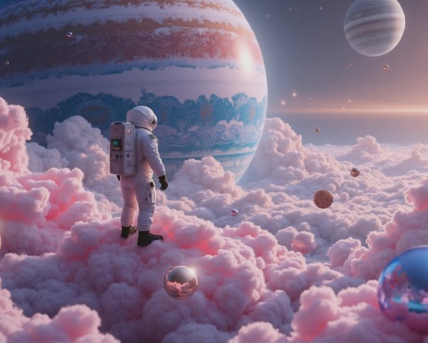 Astronaut on Pink Clouds in Surreal Planetary Landscape
