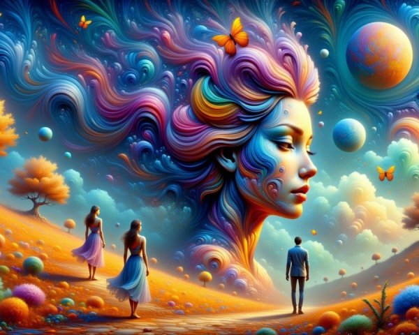 Surreal Landscape with Stylized Woman's Face and Figures
