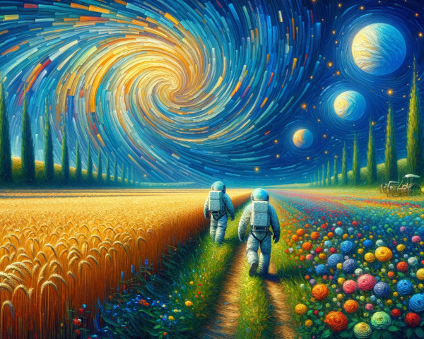Astronauts in a Vibrant Landscape with Galaxy Sky