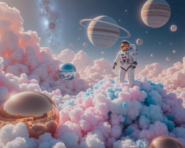 Astronaut in a Colorful Cloudscape with Planets