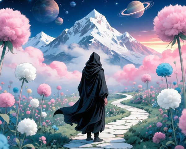 Mystical Landscape with Hooded Figure and Stepping Stones