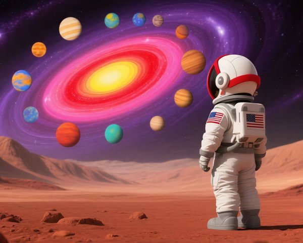 Astronaut Observing Colorful Galaxy on Mars-like Planet