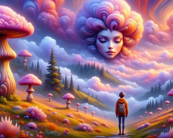 Surreal Landscape with Colorful Mushrooms and Clouds