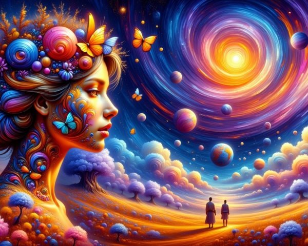 Surreal Landscape with Cosmic Elements and Figures