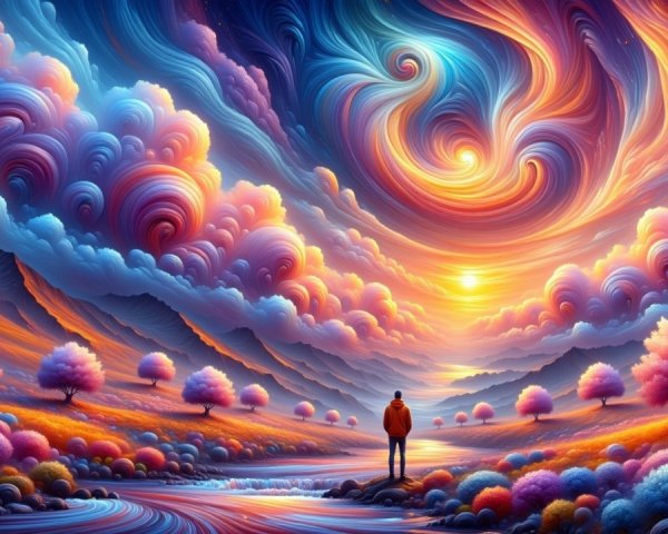 Surreal Landscape with Vibrant Colors and River Scene