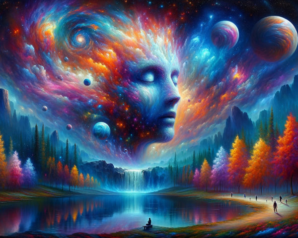 Surreal Landscape with Celestial Reflections and Forests