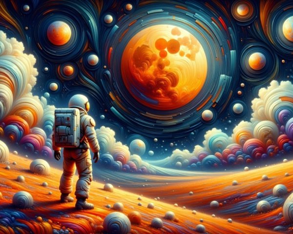 Astronaut on an Alien Landscape with Vibrant Sky