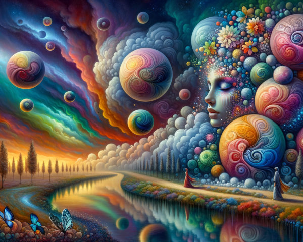Surreal Landscape with Colorful Flora and Figures
