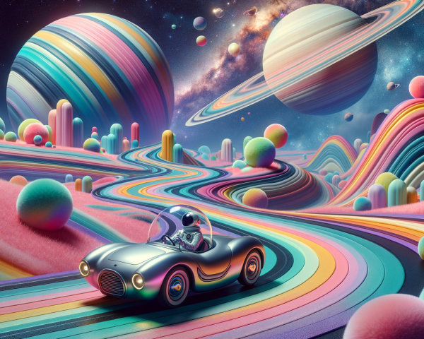 Futuristic Car in Whimsical Astronaut Landscape