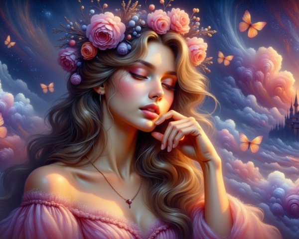 Young Woman Surrounded by Flowers and Butterflies