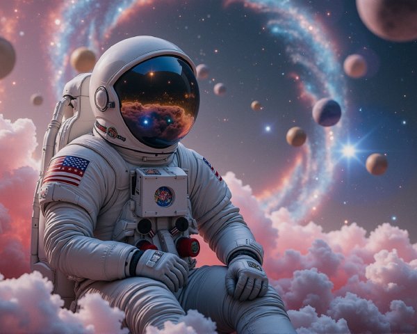Astronaut in Spacesuit Surrounded by Cosmic Clouds