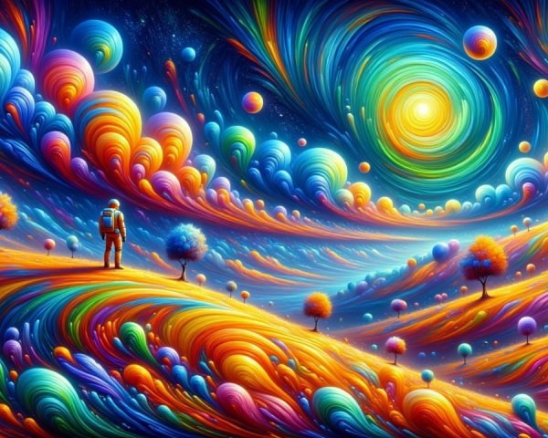 Surreal Landscape with Astronaut and Cosmic Elements