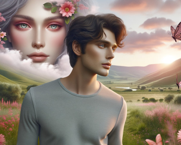 Young man in serene landscape with floral accents